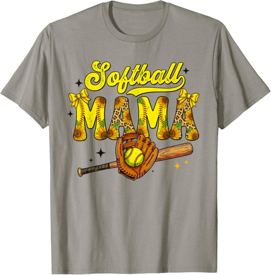 Softball Mama Leopard Coquette Bow Mom Mother Women Funny T-Shirt - T-Shirt | Sand