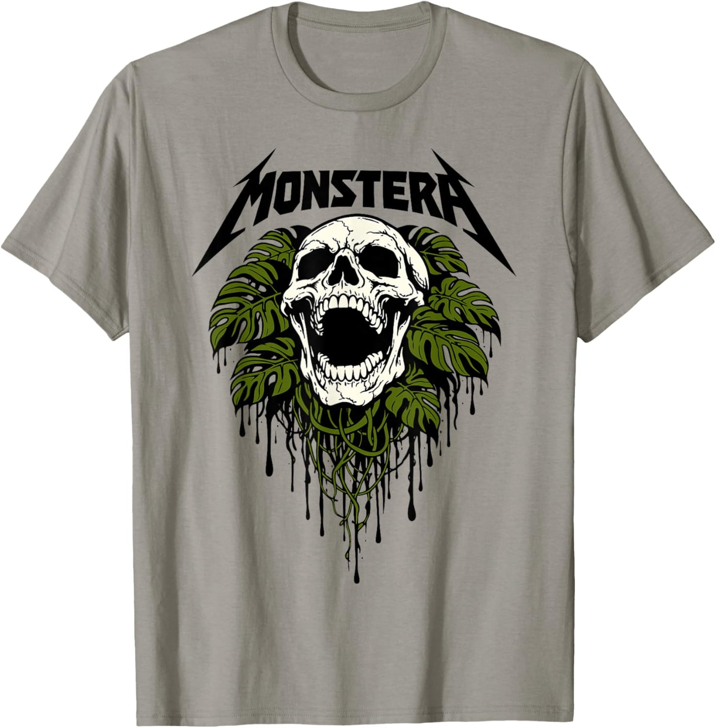 Funny Skull Monstera Plant Lover Gardener Grunge Metal Band T-Shirt - T-Shirt | Sand