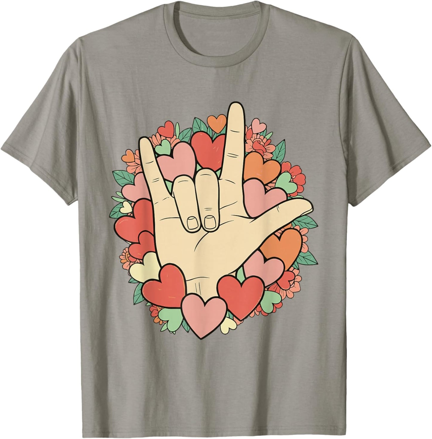 I Love You Sign Language Valentine's Day ASL Hearts Floral T-Shirt - T-Shirt | Sand