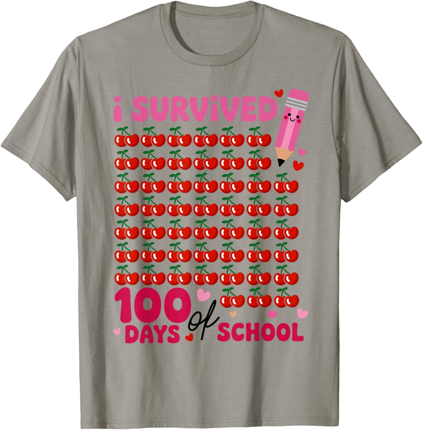 I Survived 100 Days of School Cherry Pink Cute 100th Day T-Shirt - T-Shirt | Sand