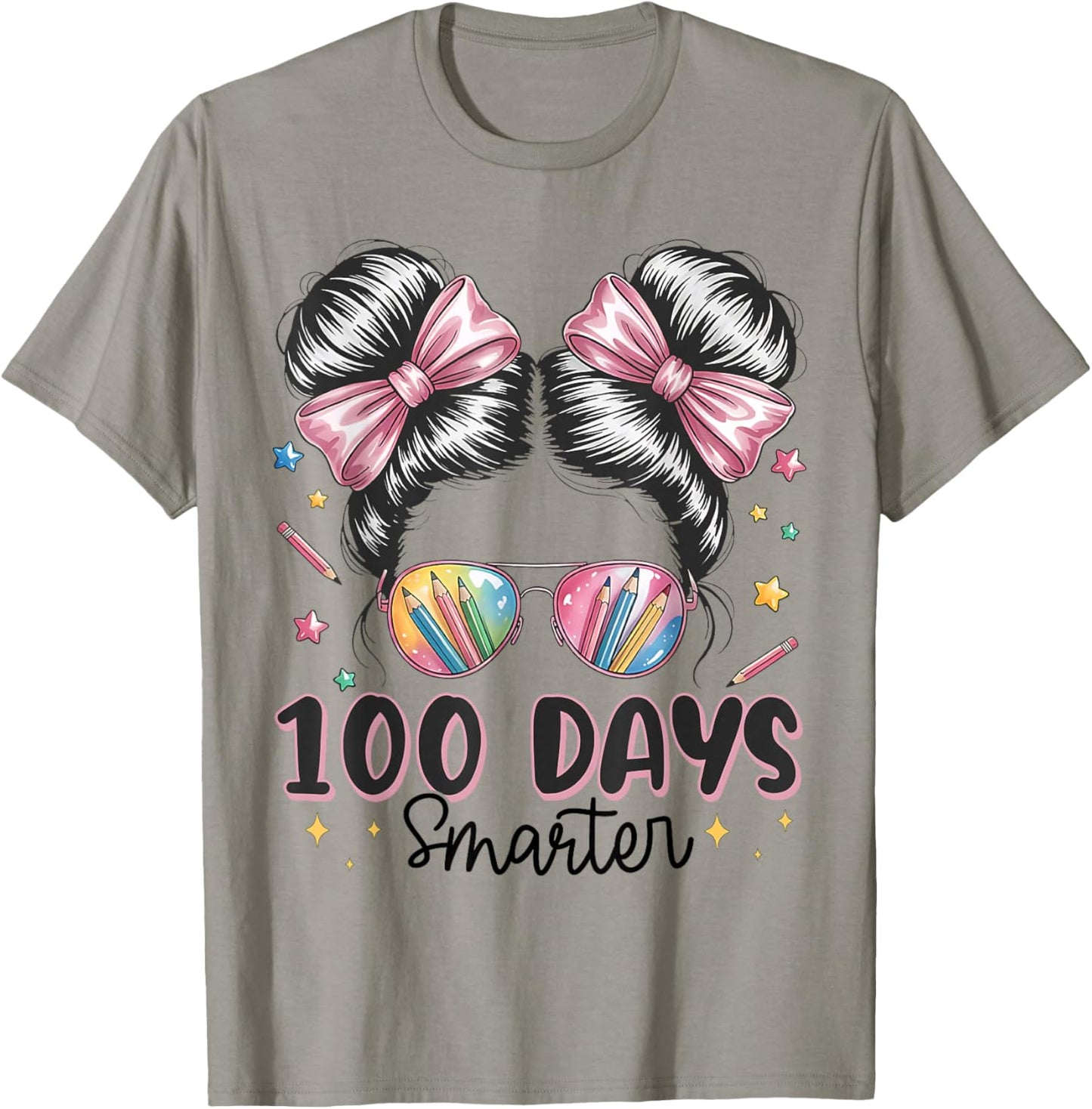 100 Days Smarter Messy Bun Girls 100th Day of School Kids T-Shirt - T-Shirt | Sand