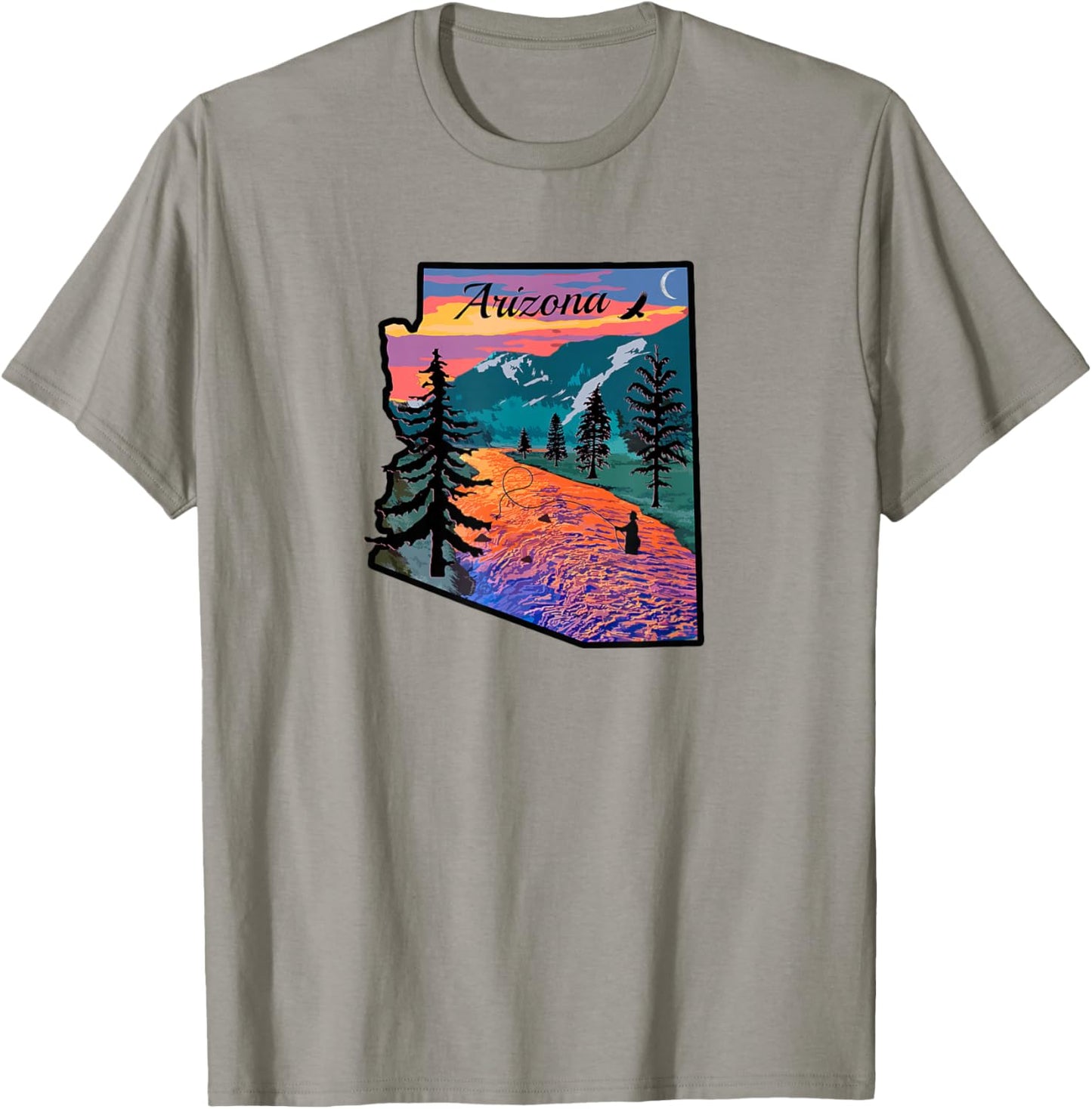Arizona Fly Fishing Retro Sunset State Outline T-Shirt - T-Shirt | Sand