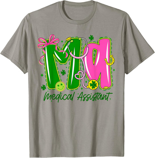 Medical Assistant MA Bow Shamrock Stethoscope Irish Nurse T-Shirt - T-Shirt | Sand