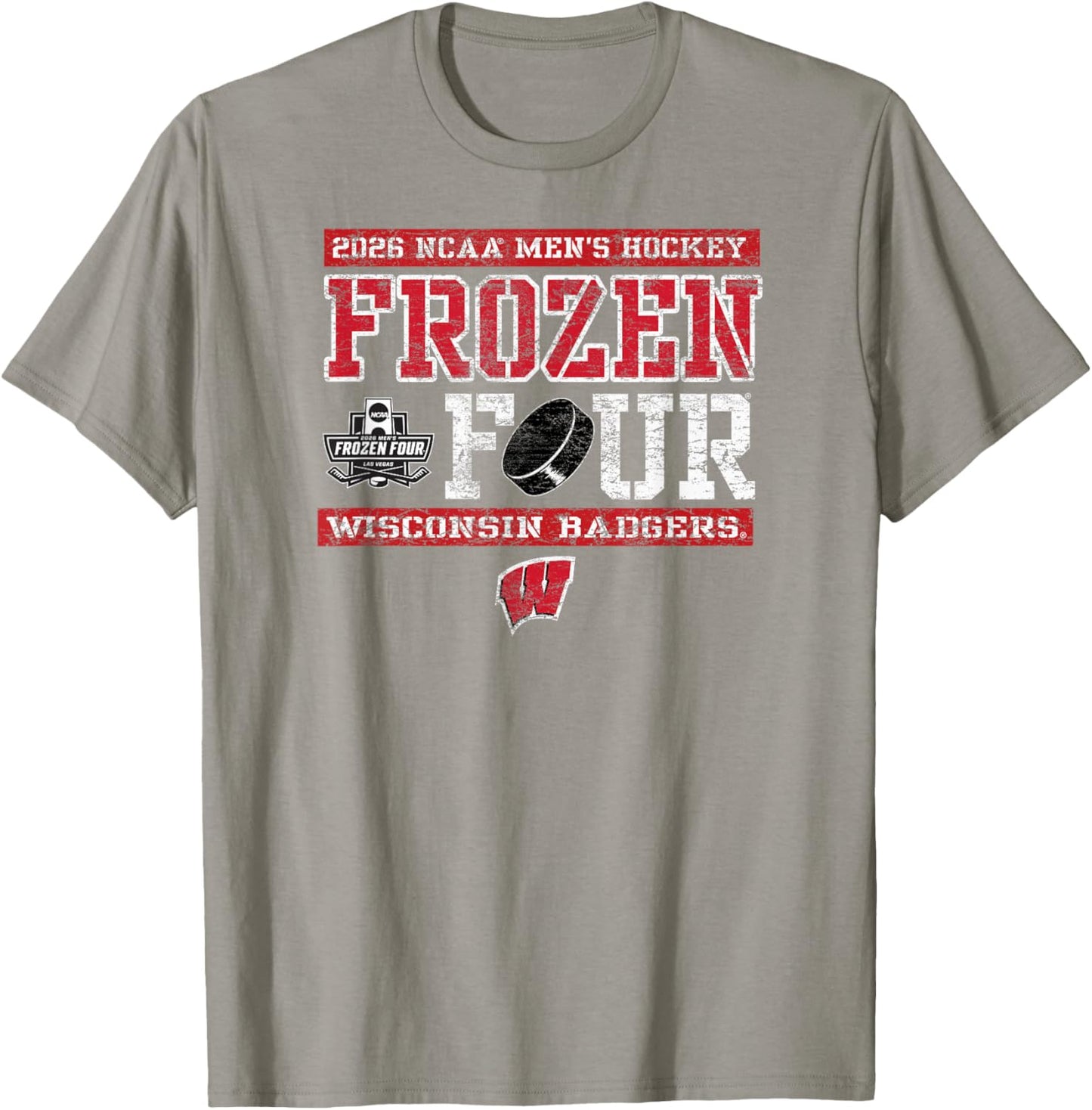 Wisconsin Badgers Frozen Four 2026 Men's Hockey Vintage Gray T-Shirt - T-Shirt | Sand