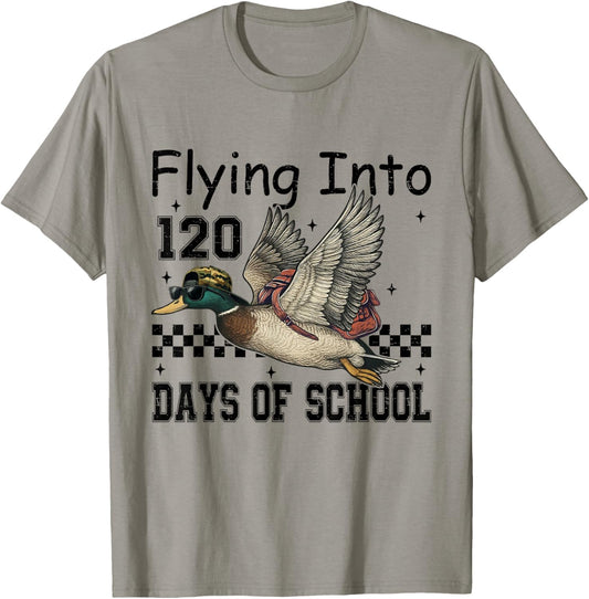 Flying Into 120 Days of School Retro Duck Hunting 120th Day T-Shirt - T-Shirt | Sand