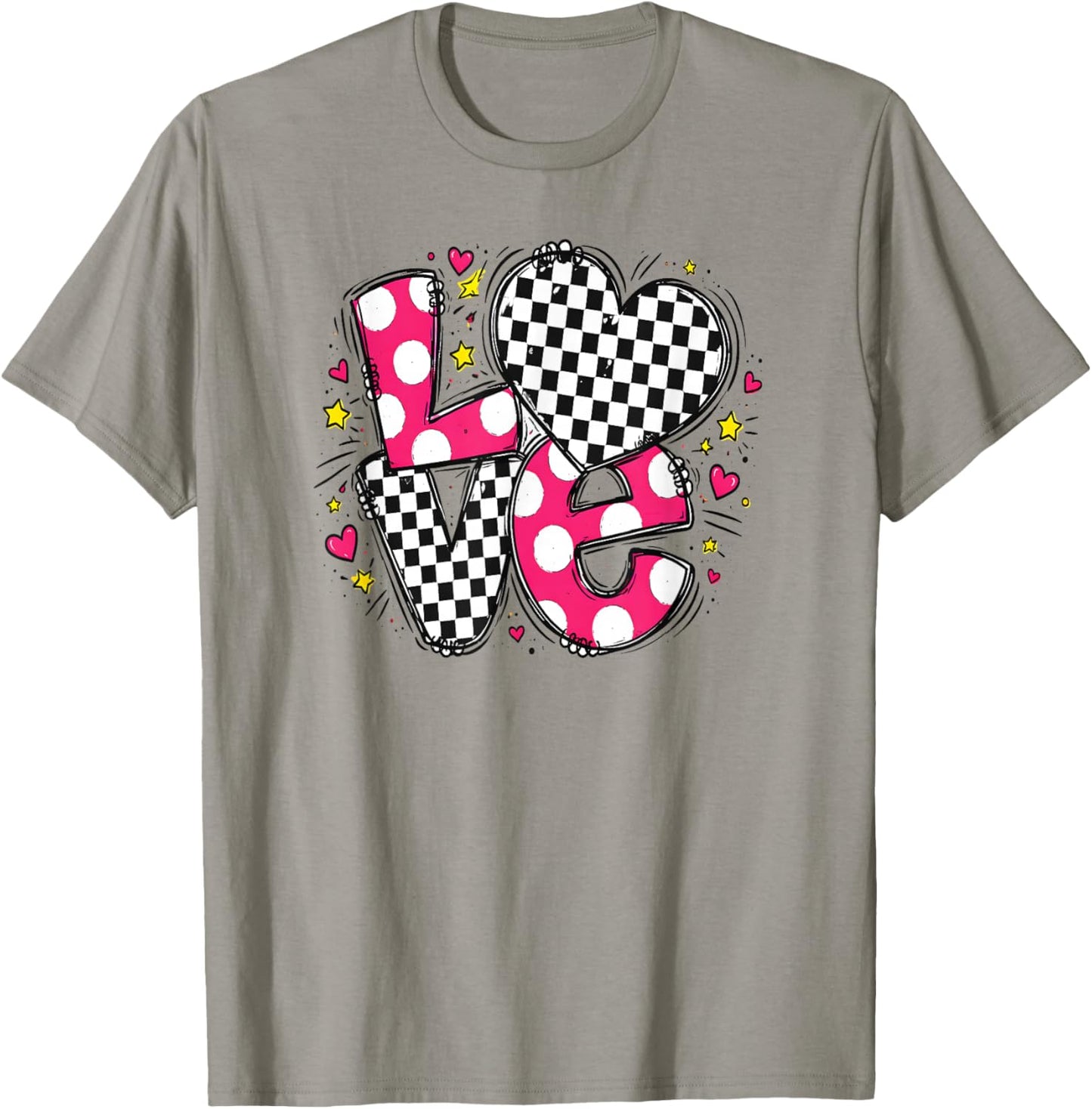 Valentine Cute Love Letter Message Heart Checkered and Dots T-Shirt - T-Shirt | Sand