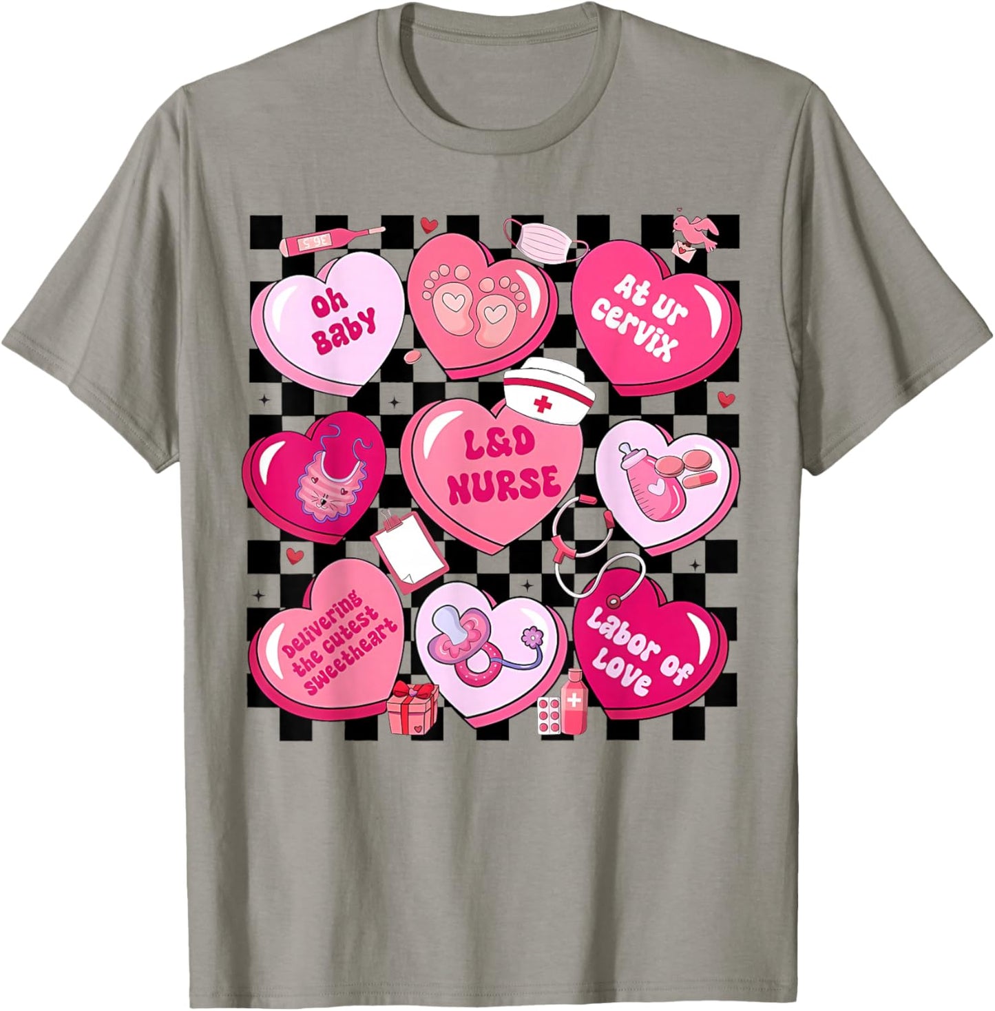 Women Labor and Delivery Nurse Hearts Candy Valentine's Day T-Shirt - T-Shirt | Sand