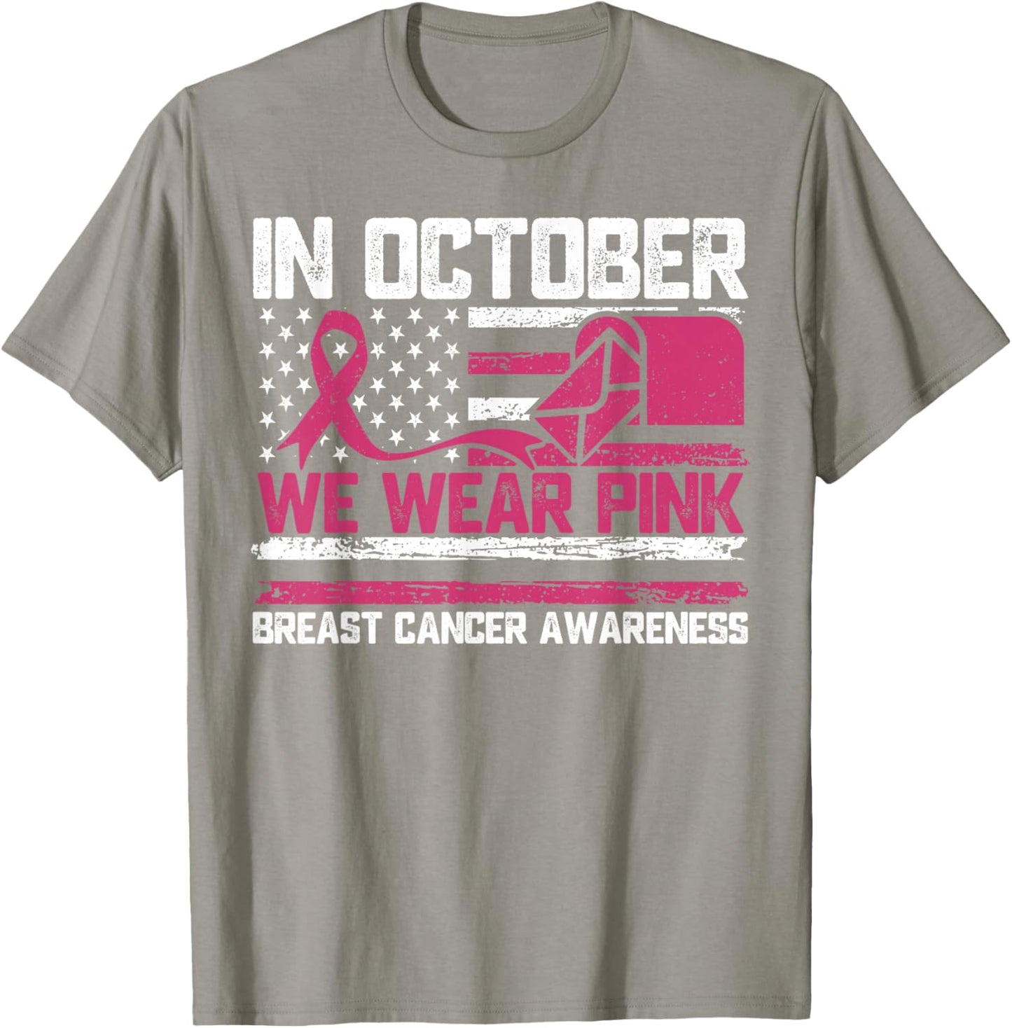 in October We Wear Pink Postal Worker Breast Cancer T-Shirt - T-Shirt | Sand