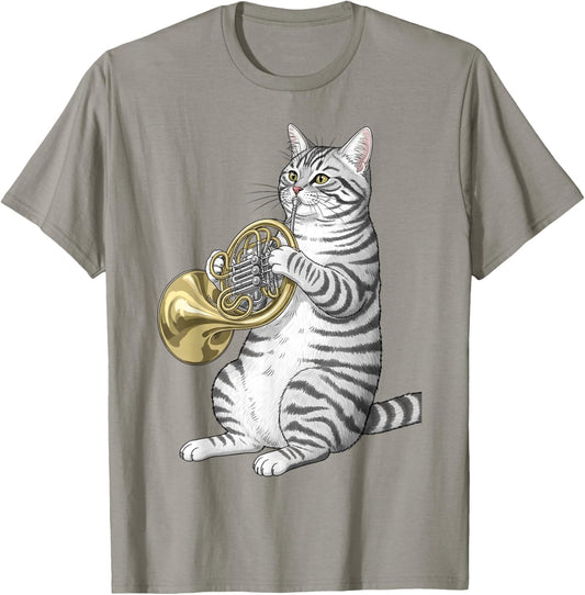 Funny Cat Playing French Horn Player Men Women Kids Boys T-Shirt - T-Shirt | Sand