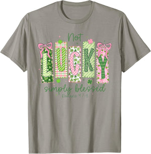 Preppy Patrick's Day Not Lucky Simply Blessed Bow Shamrock T-Shirt - T-Shirt | Sand