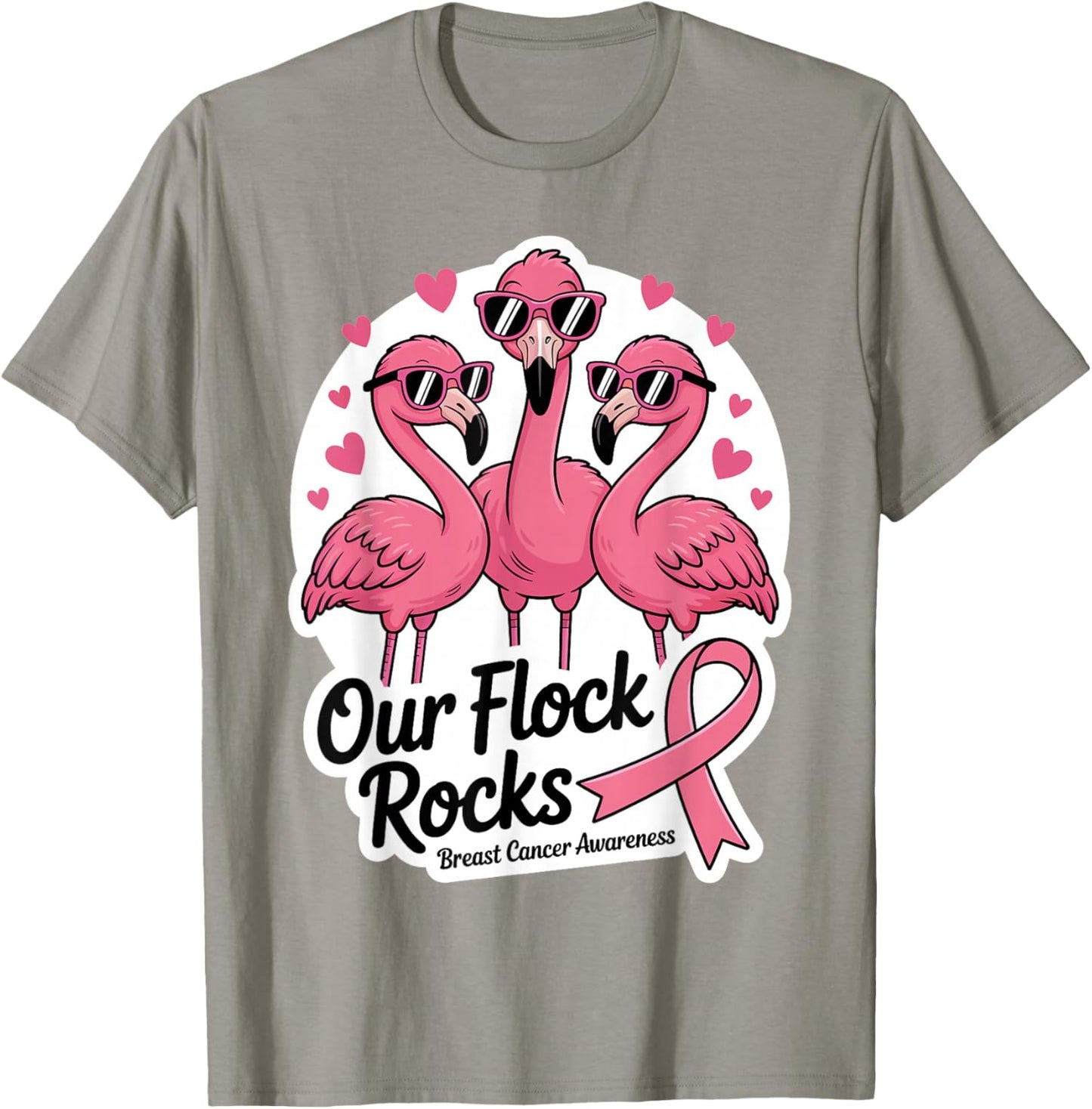 Our Flock Rocks Breast Cancer Awareness Flamingo Pink Squad T-Shirt - T-Shirt | Sand