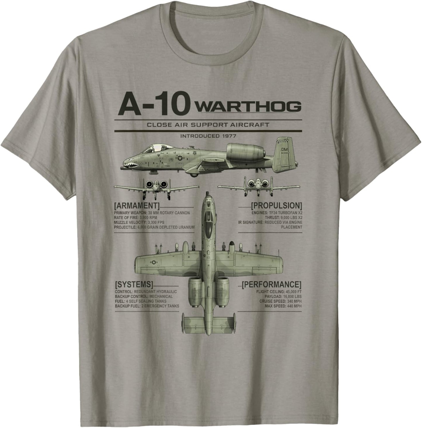 A-10 Warthog Military Jet Spec Infographic Dark Olive Green T-Shirt - T-Shirt | Sand