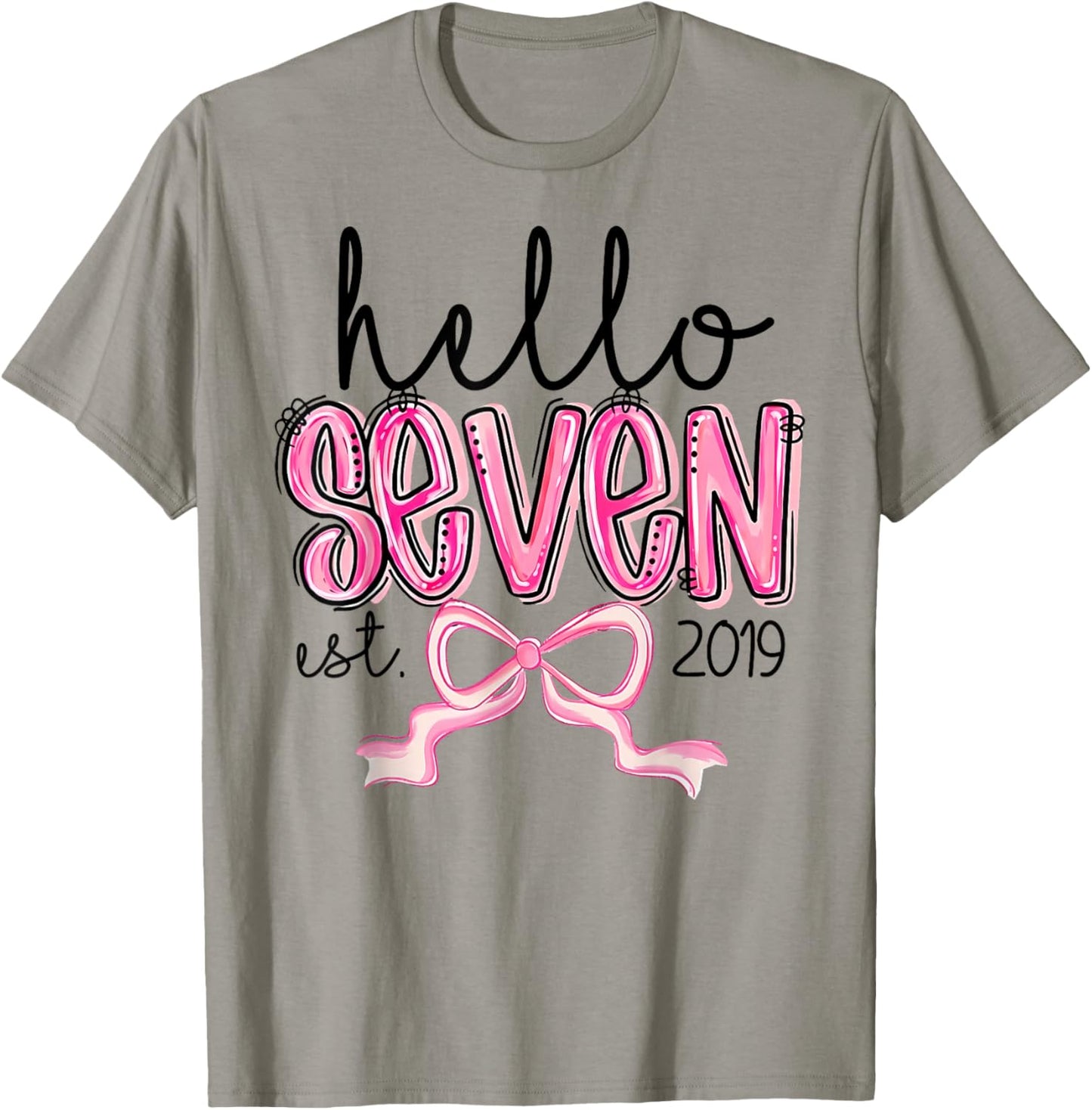 Hello Seven Est. 2019 Pink Coquette Bow 7th Birthday Girl T-Shirt - T-Shirt | Sand