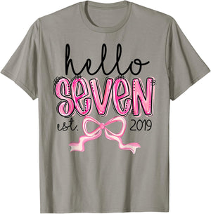 Hello Seven Est. 2019 Pink Coquette Bow 7th Birthday Girl T-Shirt - T-Shirt | Sand