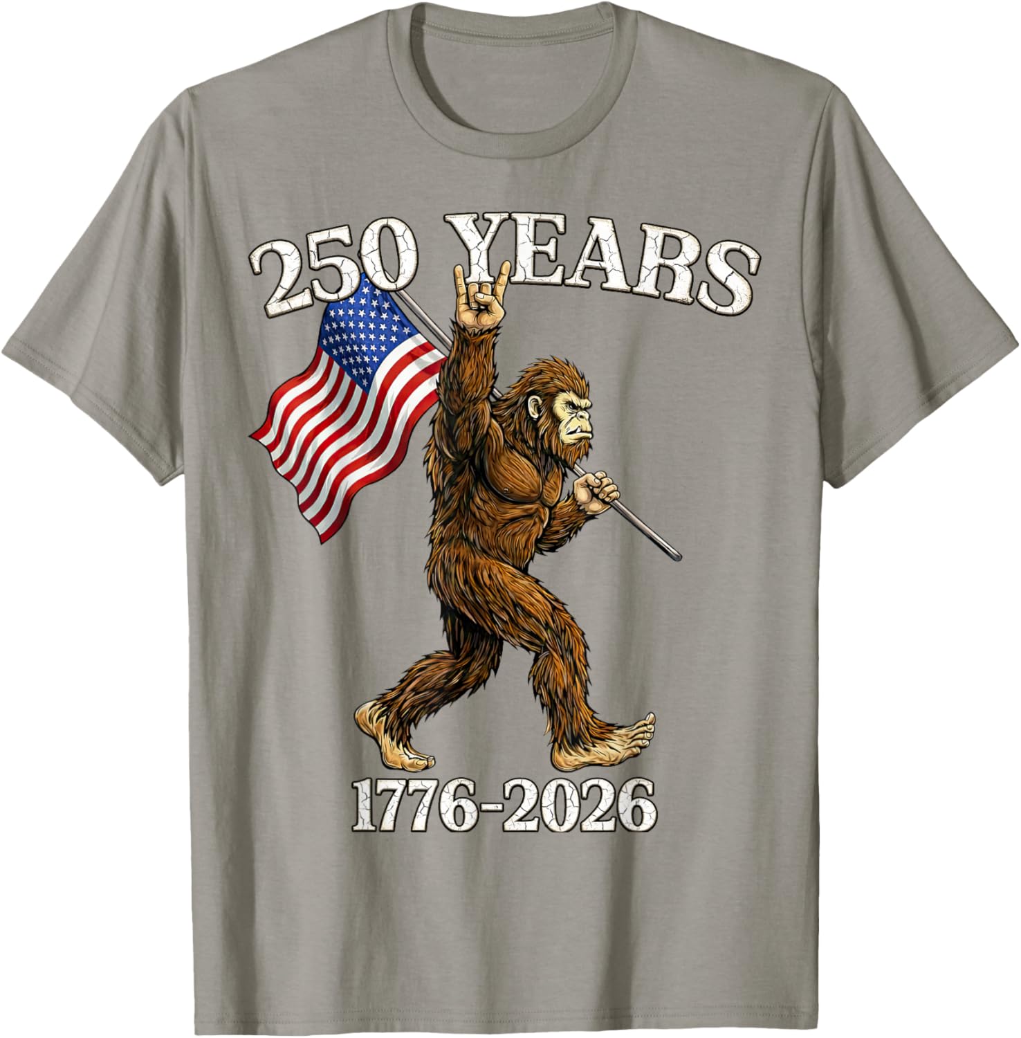 250 Years 1776–2026 Bigfoot & Flag American Patriotic T-Shirt - T-Shirt | Sand