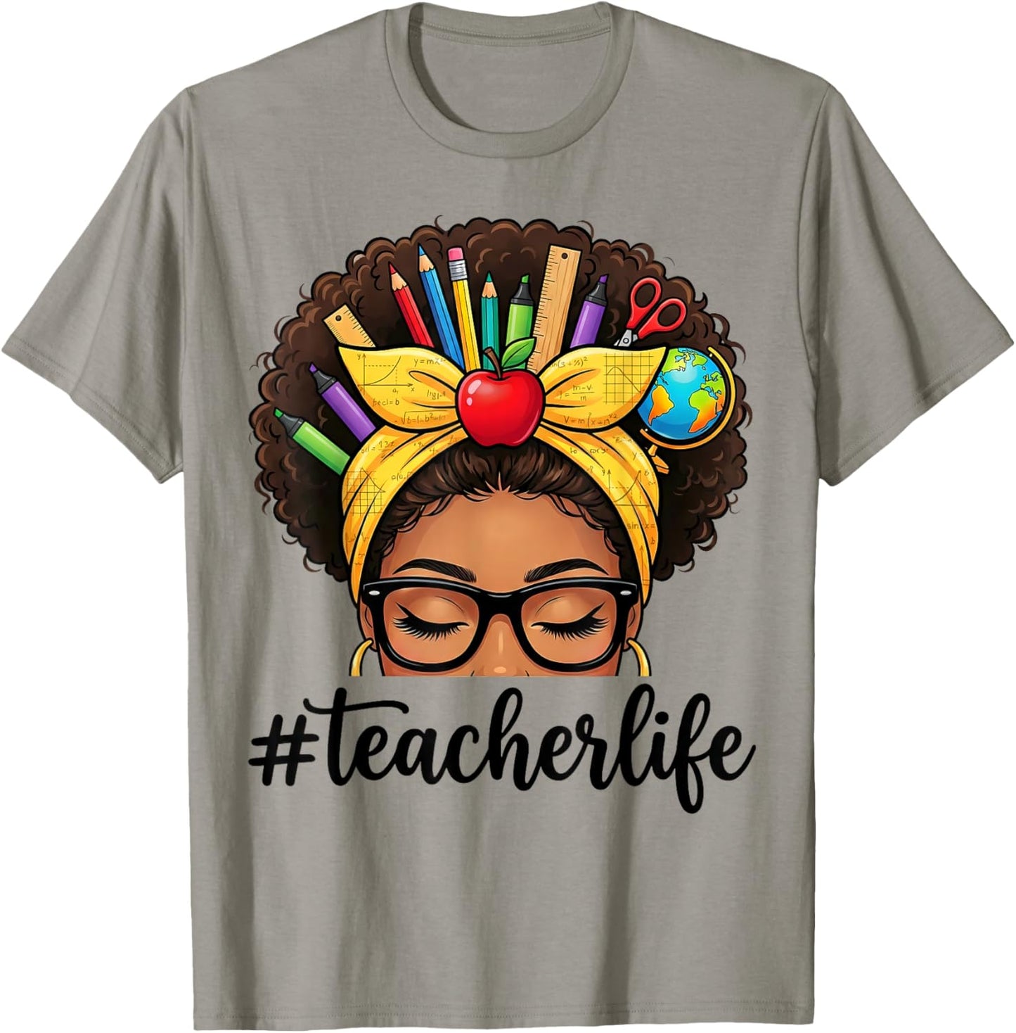 African American Black Teacher Life Messy Bun School T-Shirt - T-Shirt | Sand