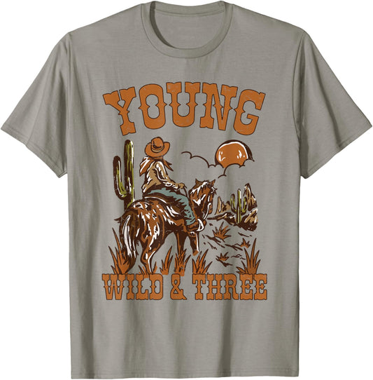 Young Wild and Three It's My 3rd Birthday Cowboy Bday Boys T-Shirt - T-Shirt | Sand