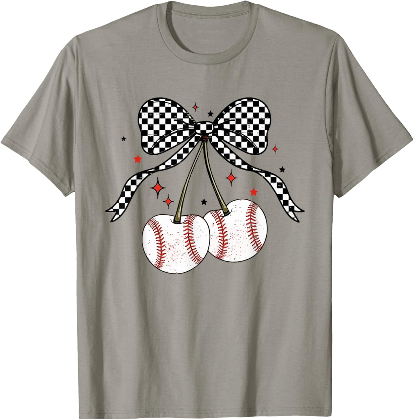 Coquette Bow Cherries Baseball Game Day Team Sport Cherry T-Shirt - T-Shirt | Sand