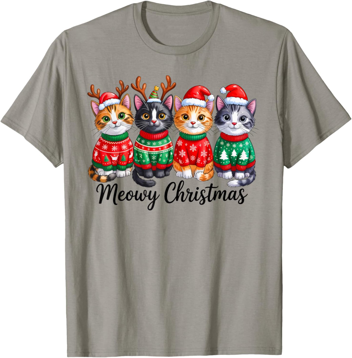 Meowy Christmas Cat Santa Reindeer Xmas Pajamas Cat Lover T-Shirt - T-Shirt | Sand