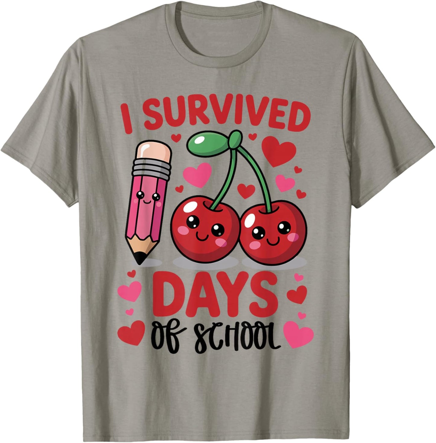 I Survived 100 Days of School Cherry Pink Cute 100th Day T-Shirt - T-Shirt | Sand