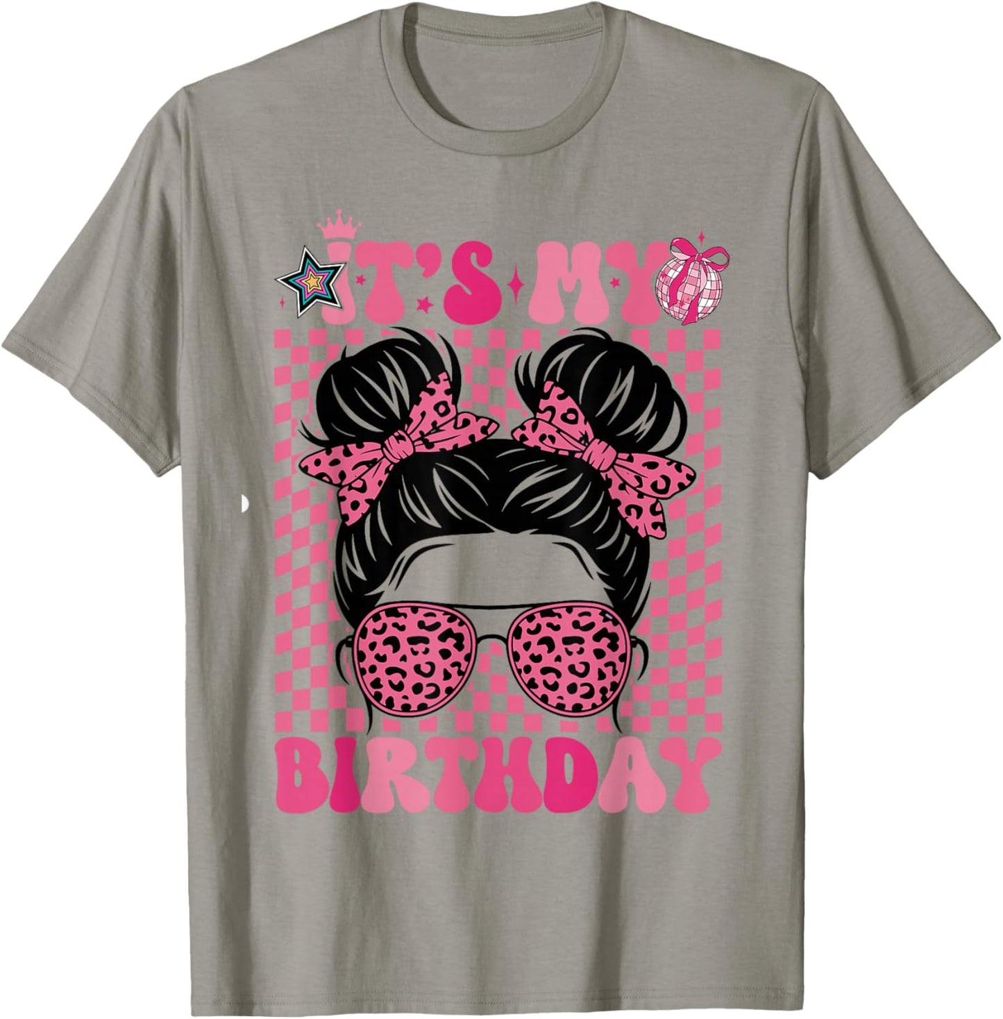 It's My Birthday Girls Women Messy Bun Pink Coquette Bow T-Shirt - T-Shirt | Sand