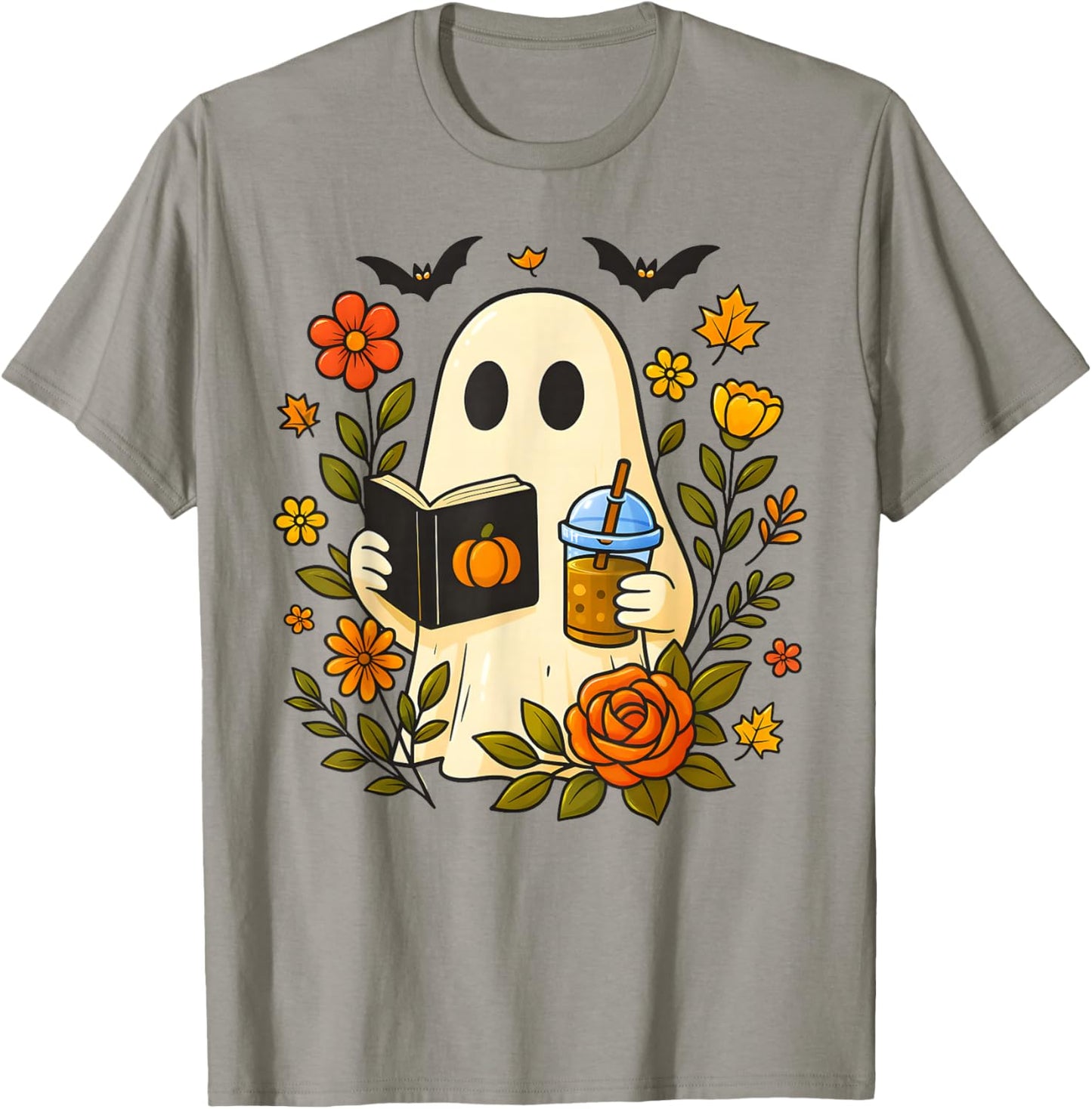 Cute Ghost Reading Book with Coffee Halloween & Autumn Lover T-Shirt - T-Shirt | Sand