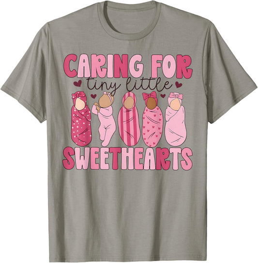 Mother Baby Unit Valentine Caring for Tiny Little Sweetheart T-Shirt - T-Shirt | Sand