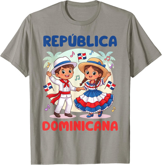 Cute Dominican Kids Dancing in Traditional Outfit Flag T-Shirt - T-Shirt | Sand