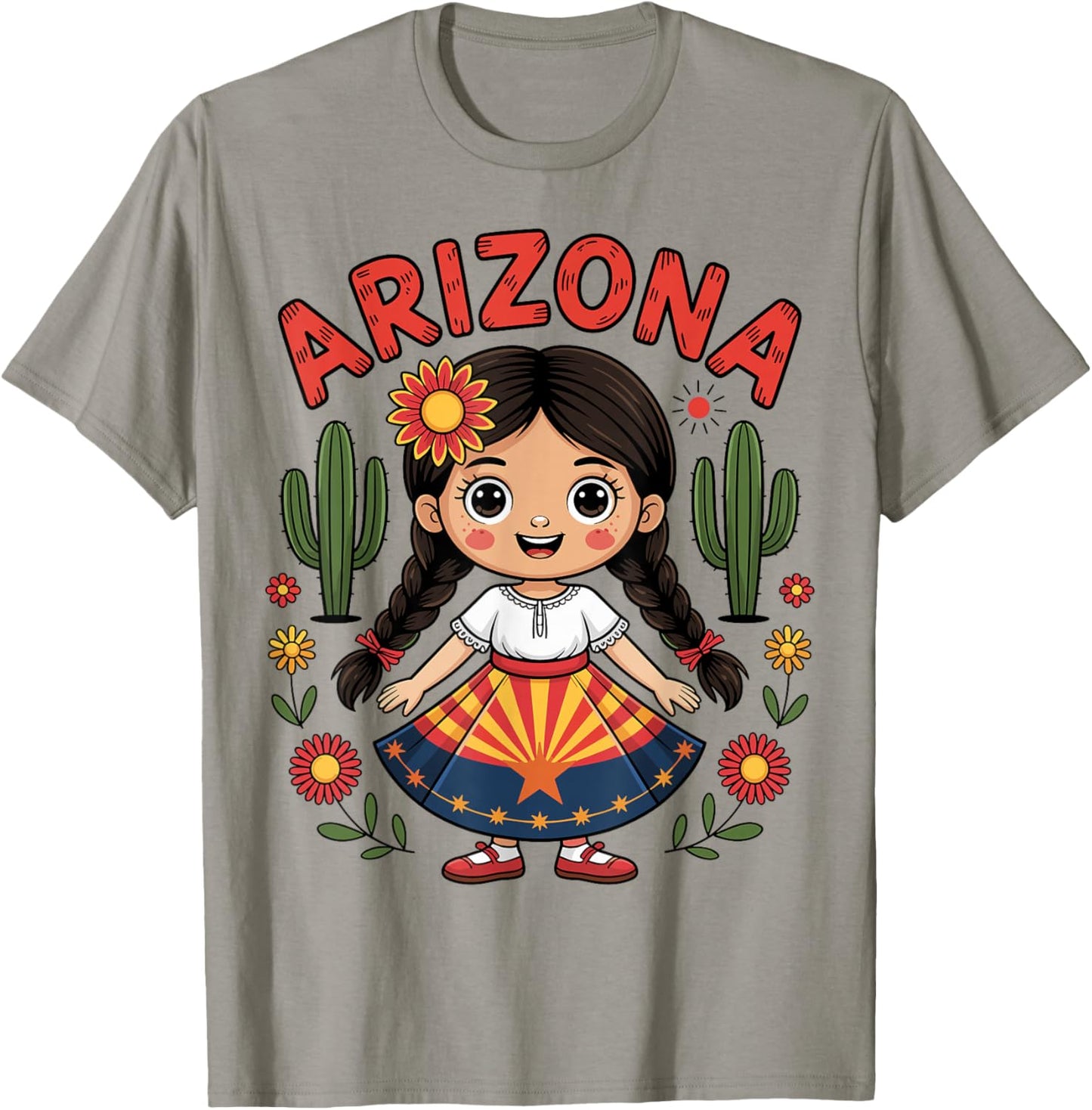 Cute Arizona Girl in State Flag Dress and Cactus for Kids T-Shirt - T-Shirt | Sand