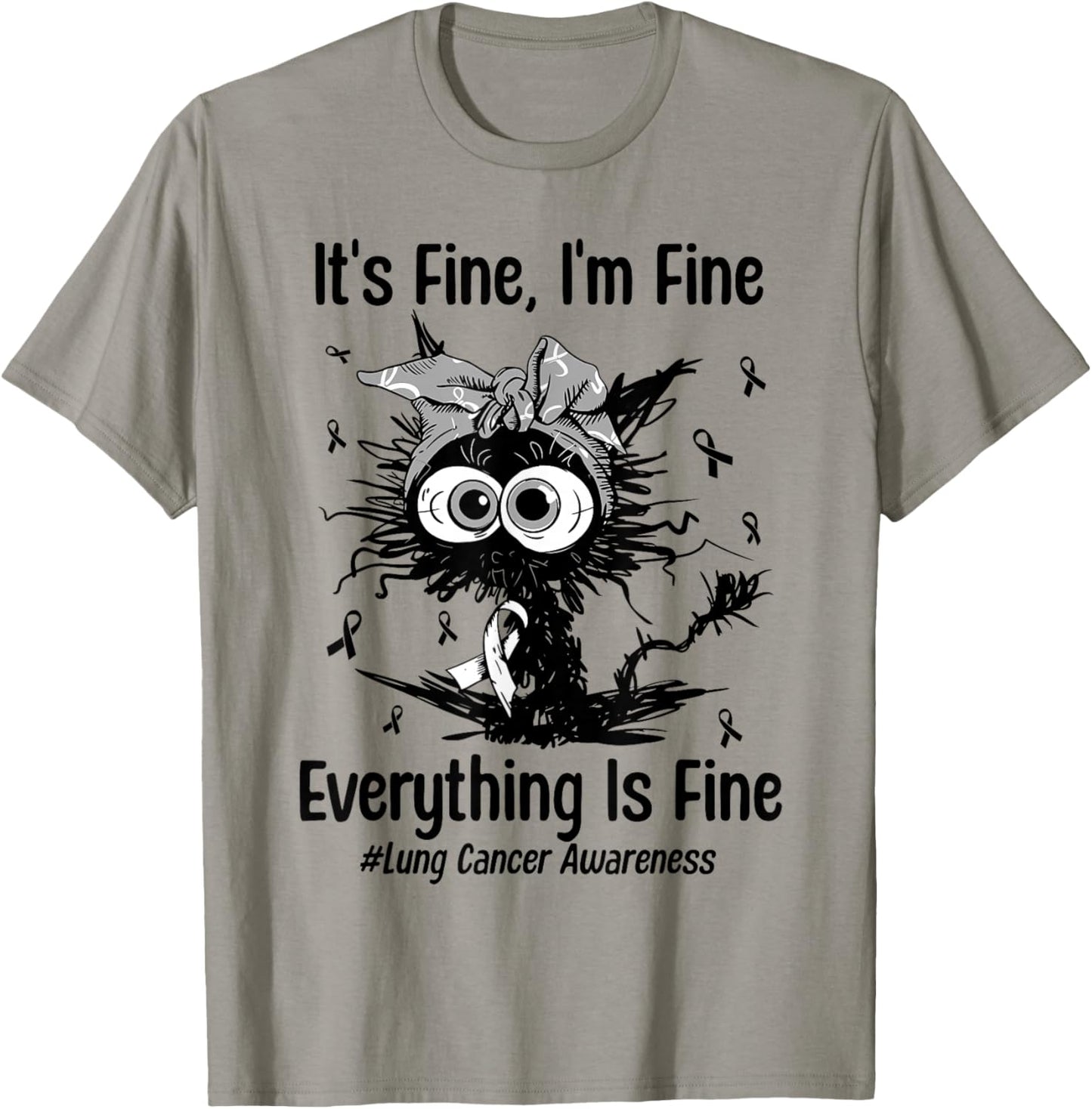 Motivational Lung Cancer Awareness Cat White Ribbon Support T-Shirt - T-Shirt | Sand