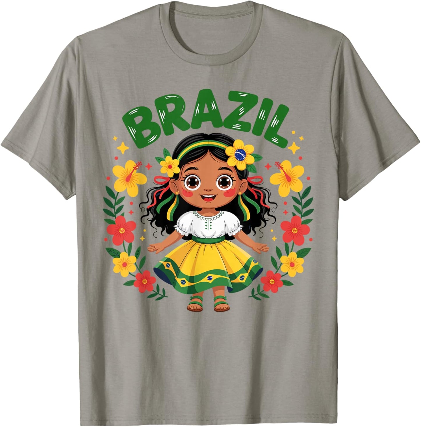 Cute Brazil Girl Traditional Dress Flag Colors Art for Kids T-Shirt - T-Shirt | Sand