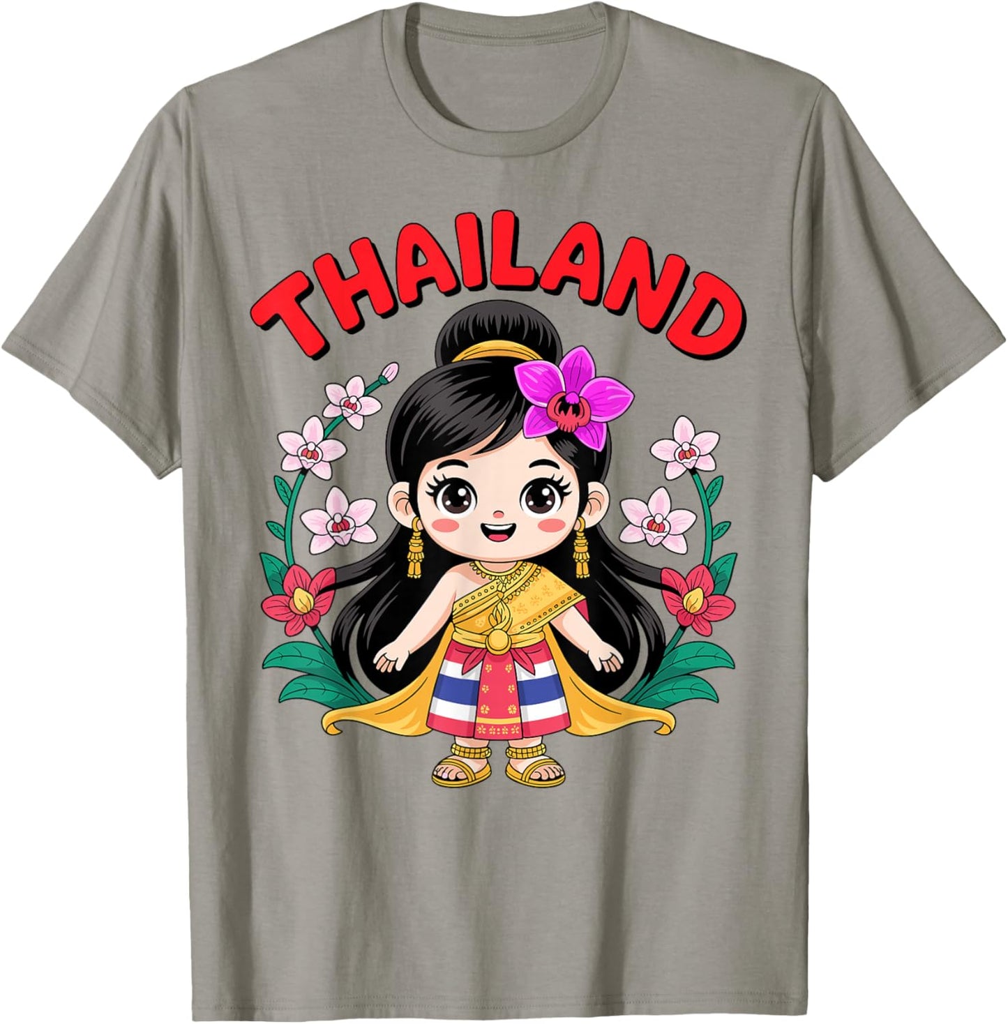 Cute Thailand Girl Traditional Dress with Orchids for Kids T-Shirt - T-Shirt | Sand