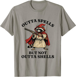 Raccoon Outta Spells But Not Outta Shells Wizard Funny Meme T-Shirt - T-Shirt | Sand