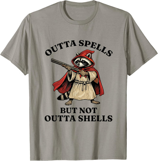Raccoon Outta Spells But Not Outta Shells Wizard Funny Meme T-Shirt - T-Shirt | Sand