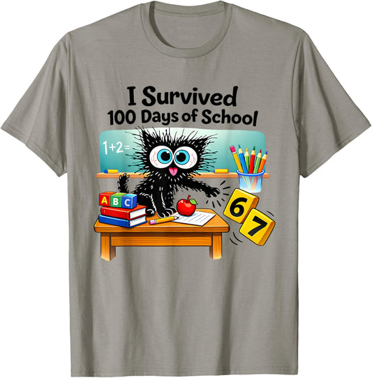 I Survived 100 Days of School Funny Cat 6 7 Six Seven Meme T-Shirt - T-Shirt | Sand