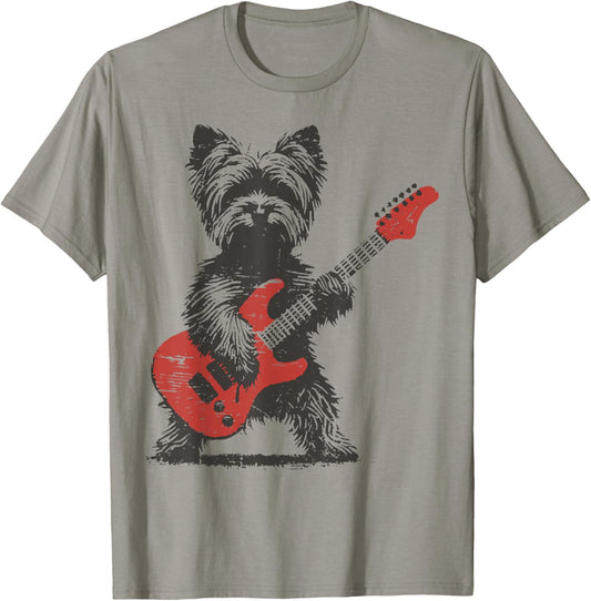 Vintage Yorkie Rock Funny Dog Playing Guitar Rock Style T-Shirt - T-Shirt | Sand