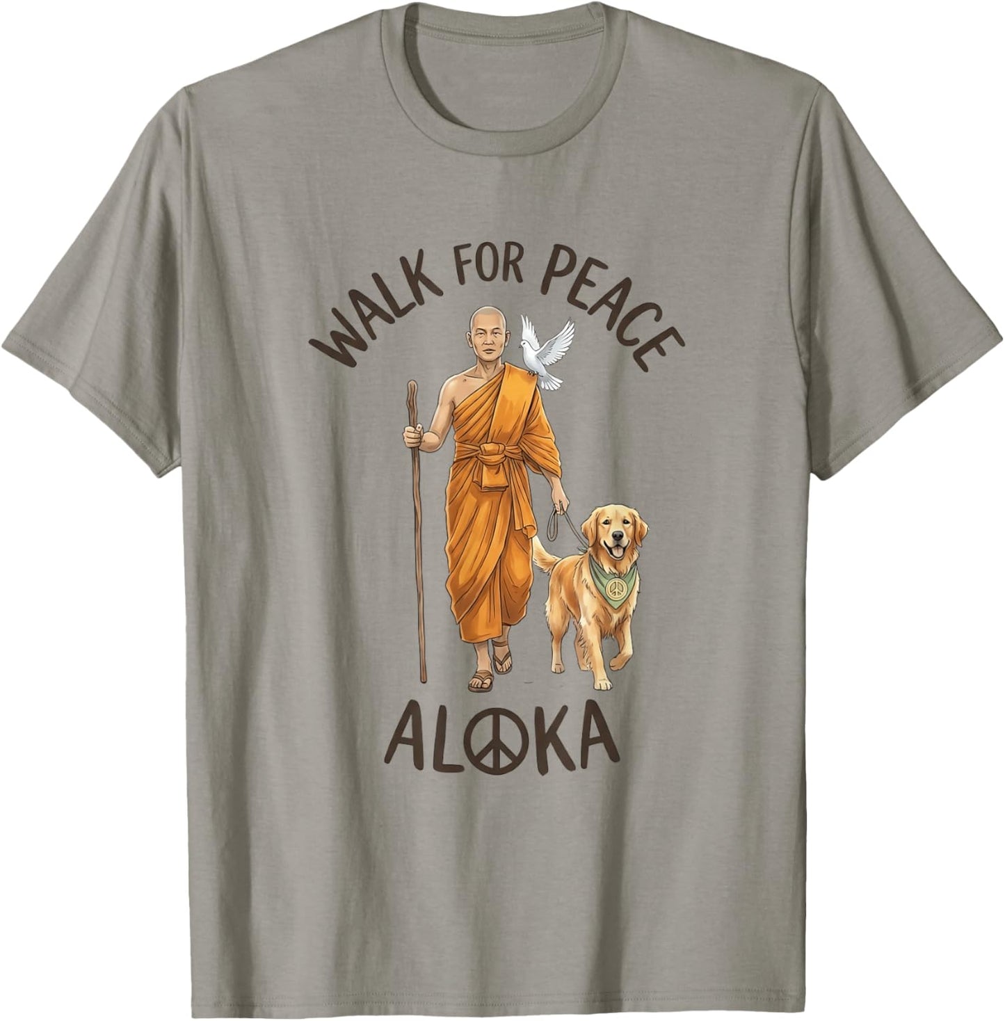 Buddhist Monk Walk for Peace Aloka Line Art Dove Dog T-Shirt - T-Shirt | Sand
