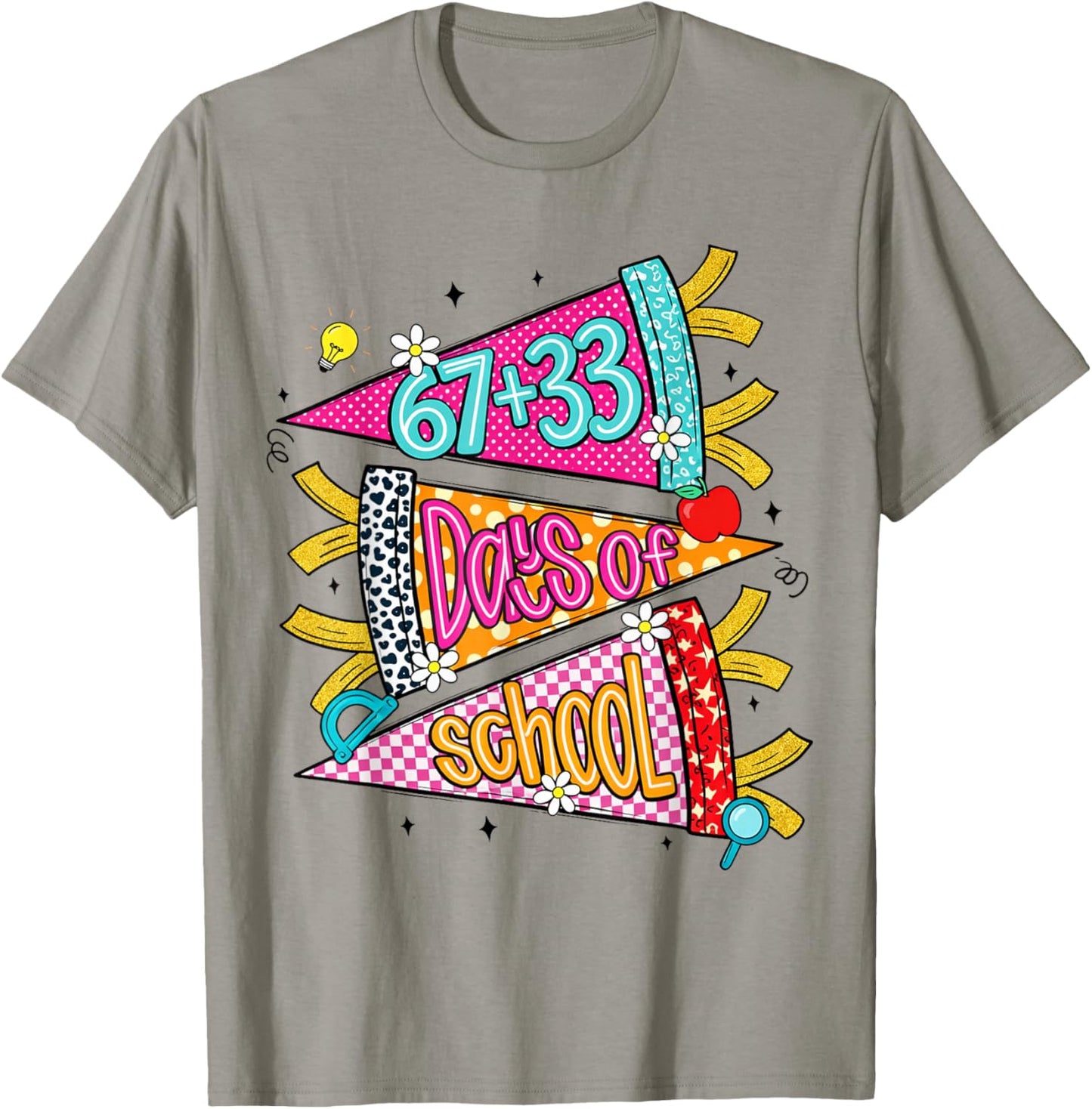 Preppy 67+33 Days of School Cheer 100 Days Teachers T-Shirt - T-Shirt | Sand