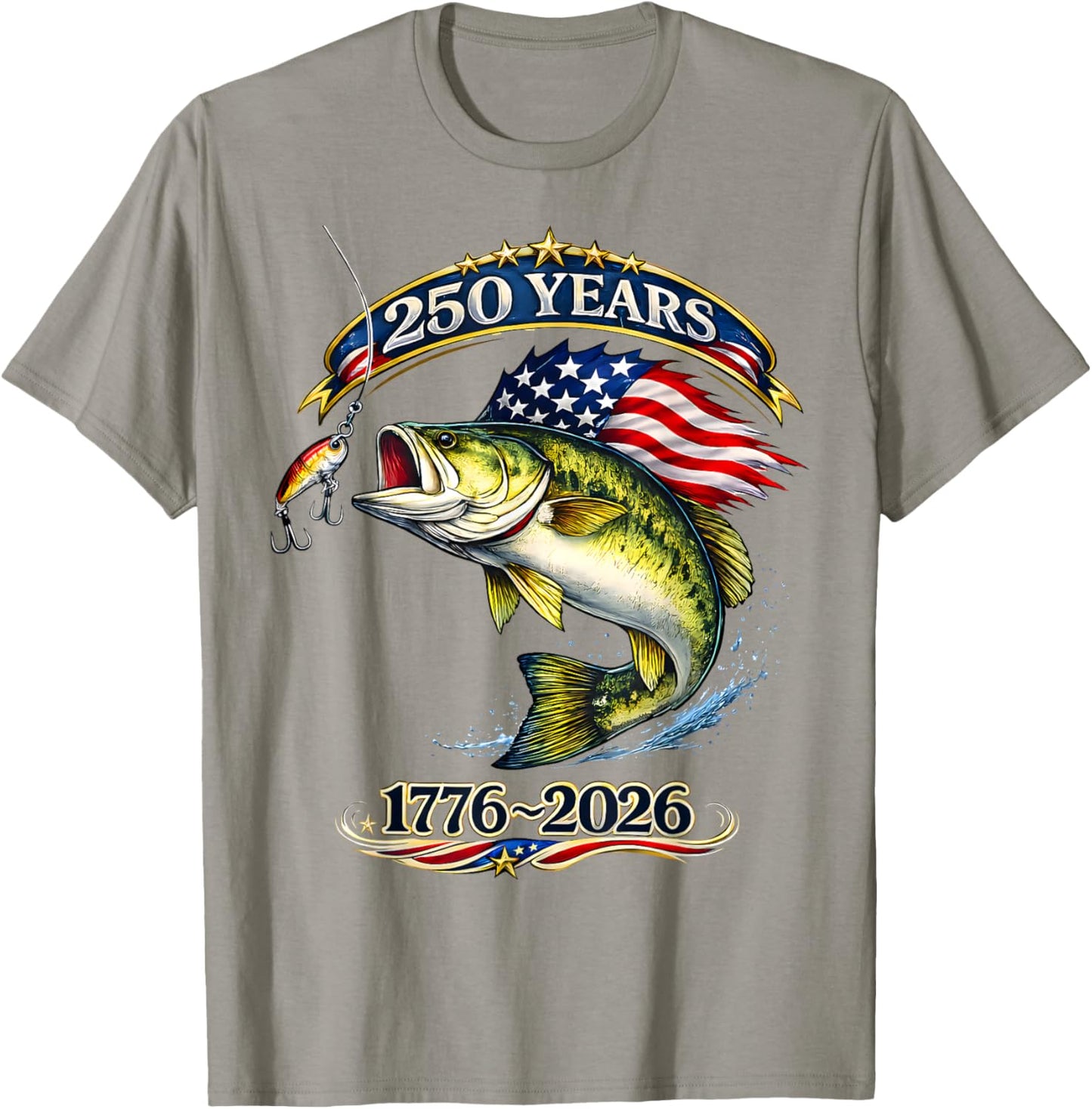 Patriotic Bass Fish and Flag 250 Years Fishing T-Shirt - T-Shirt | Sand