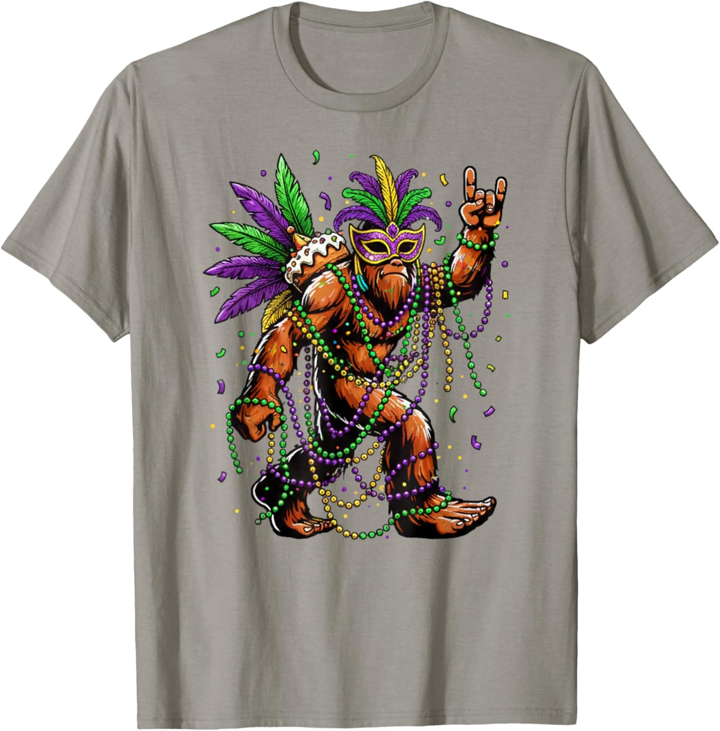 Mardi Gras Bigfoot Beads Necklace King Cake Mask Feathers T-Shirt - T-Shirt | Sand