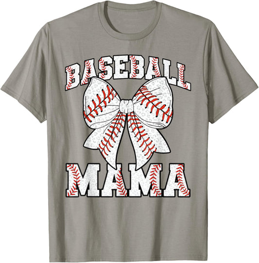 Baseball Mama Sports Mom Leopard Baseball Bow Girls Women T-Shirt - T-Shirt | Sand