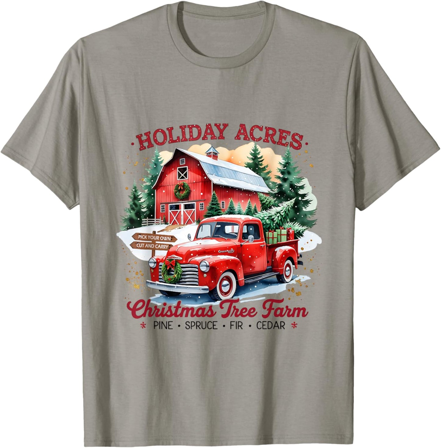 Vintage Red Truck Holiday Acres Christmas Tree Farm T-Shirt - T-Shirt | Sand