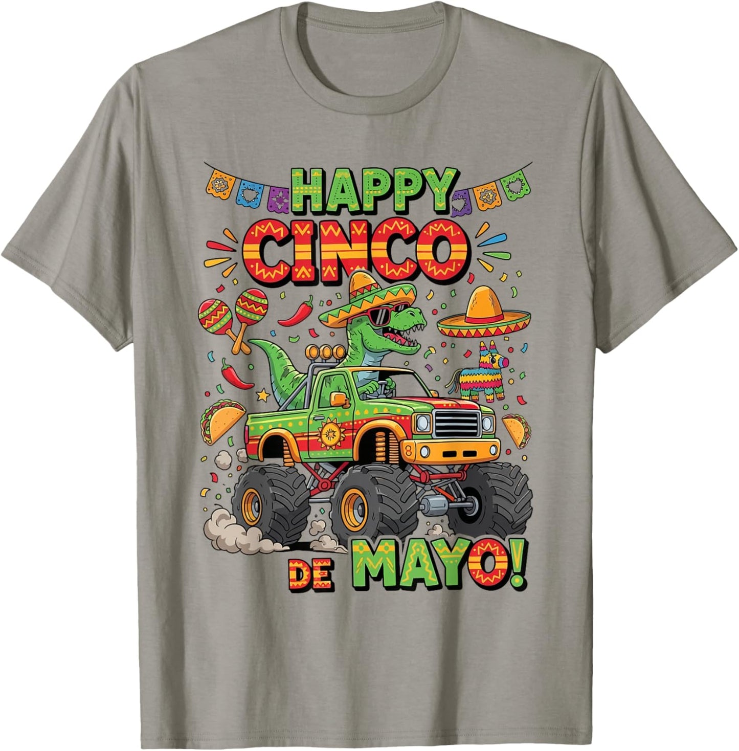 Happy Cinco De Mayo TRex Monster Truck Sombrero Dino Kids T-Shirt - T-Shirt | Sand