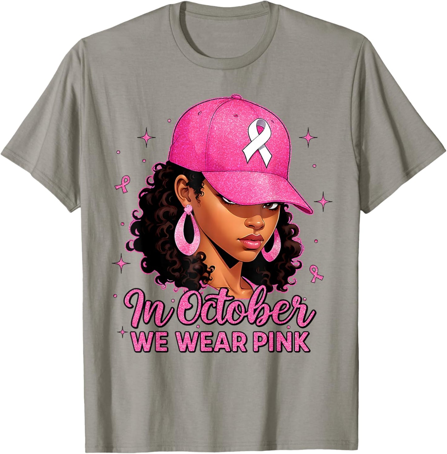 in October We Wear Pink Black Women Breast Cancer Awareness T-Shirt - T-Shirt | Sand