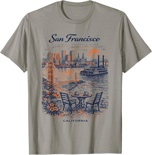 San Francisco Vintage Travel Scenic Illustration T-Shirt - T-Shirt | Sand