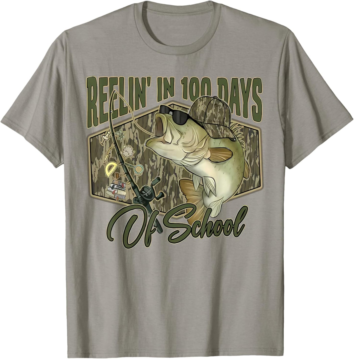 Retro Reelin’ in 100 Days of School Camo Bass Fishing Boys T-Shirt - T-Shirt | Sand