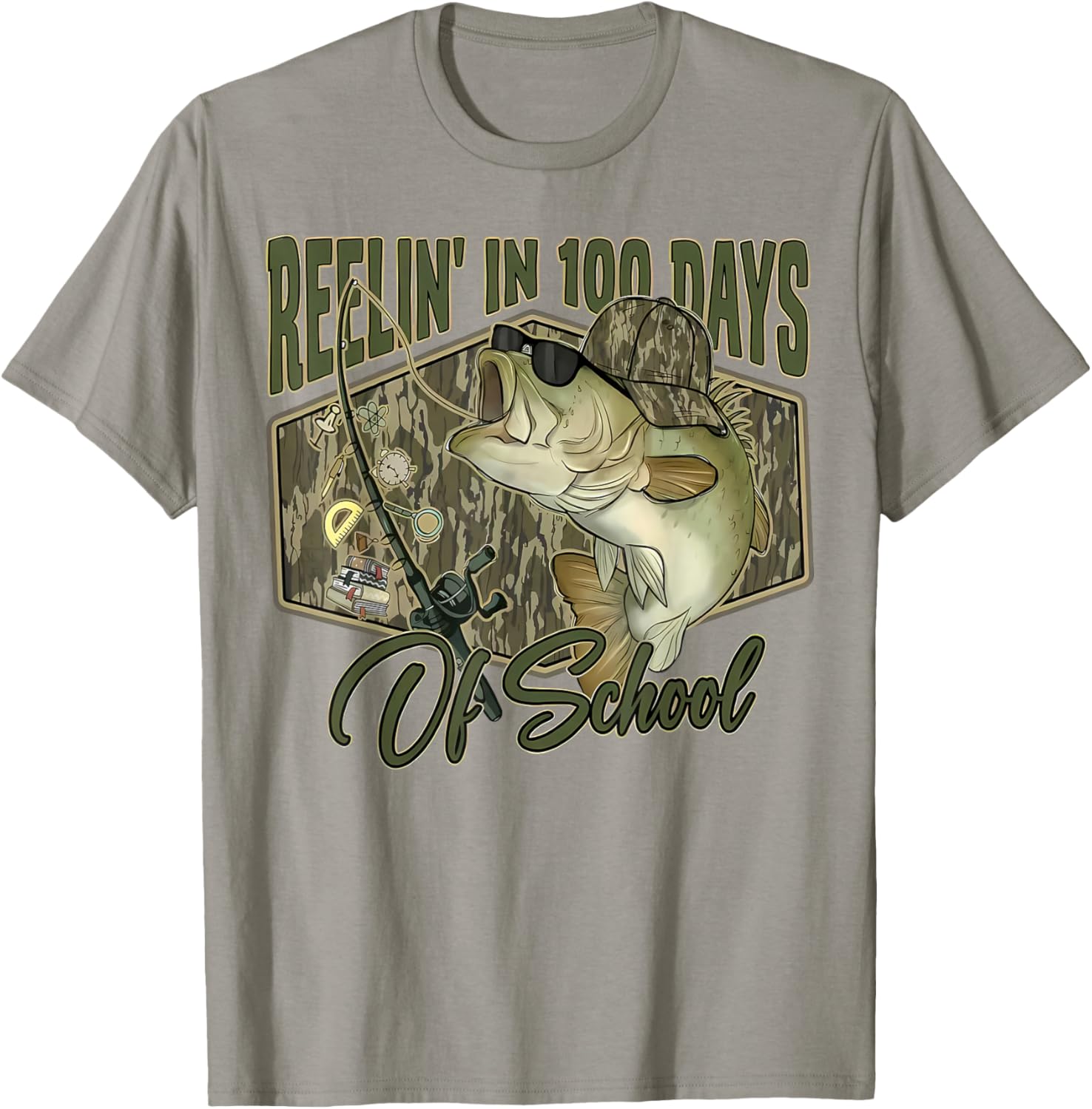 Retro Reelin’ in 100 Days of School Camo Bass Fishing Boys T-Shirt - T-Shirt | Sand