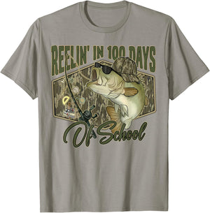 Retro Reelin’ in 100 Days of School Camo Bass Fishing Boys T-Shirt - T-Shirt | Sand