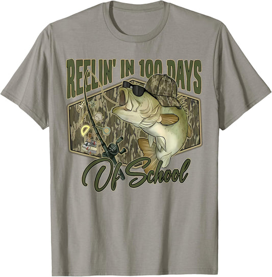 Retro Reelin’ in 100 Days of School Camo Bass Fishing Boys T-Shirt - T-Shirt | Sand