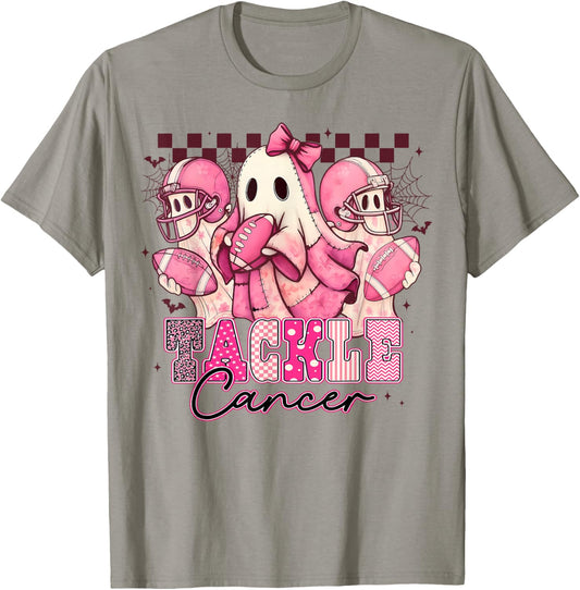 Pink Out Tackle Breast Cancer Awareness Football Ghost T-Shirt - T-Shirt | Sand